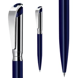 A navy blue pencil with a silver clip, showcasing three angles of the sleek design. It features a logo on the barrel.