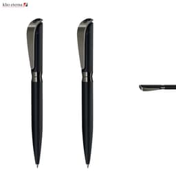 A black metal pen with a sleek design and a clip, featuring a logo on the upper left.