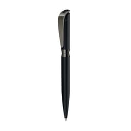 A black metal ballpoint pen with a sleek design and a clip, featuring a branding logo.