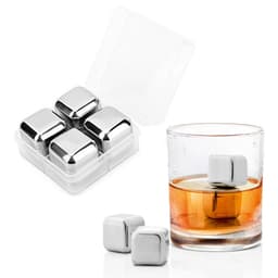 A drink bottle with whiskey cubes. The set includes four stainless steel ice cubes in a plastic case.