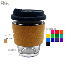 A glass coffee cup with a cork band and a black silicone lid, featuring a clear design with natural tones.