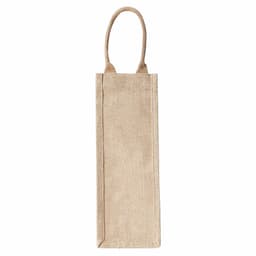 A jute wine carrier in a natural beige colour with two handles. It features a simple design and has a logo.