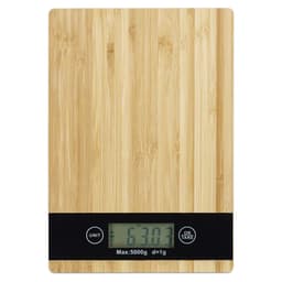 A bamboo kitchen scale with a digital display and a black base, capable of weighing up to 5000g.
