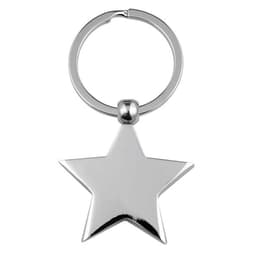A silver star-shaped key ring with a circular metal attachment. Features a smooth, shiny surface.
