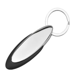 A sleek, oval key ring with a shiny silver surface and a black rubber grip. It features a metal key ring attachment.