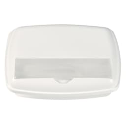 A white 3-section lunch box with a transparent lid, featuring a smooth surface and a simple design.