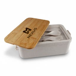 A bamboo lunch box with a light-coloured base and a bamboo lid, containing utensils inside. Contains a logo.