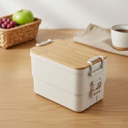 A beige bamboo stackable lunch box with a wooden lid, placed on a wooden surface beside a woven basket and cup.