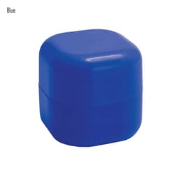 A blue cube-shaped lip balm container with a glossy finish and a logo on the surface.