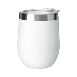 A drink bottle in sleek white with a stainless steel lid, designed for hot or cold beverages. Features a logo.