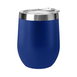 A blue travel mug with a stainless steel lid, featuring a sleek design and a smooth finish.
