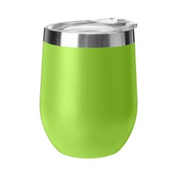 A green travel mug with a stainless steel lid, suitable for wine or coffee, featuring a sleek design.