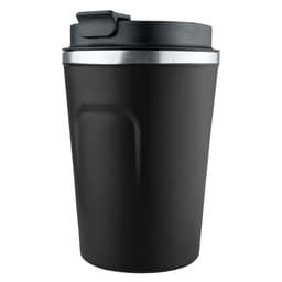 A reusable coffee cup in matte black with a silver rim and a black lid, featuring a logo.