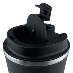 A reusable black coffee mug featuring a silver band and a flip-top lid. It includes a logo or branding element.