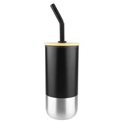 A drink bottle featuring a black exterior, stainless steel base, and a black straw. It has a lid and a logo.