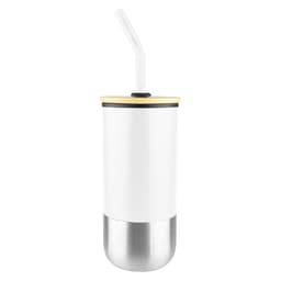 A drink bottle featuring a white body with a stainless steel bottom, a gold rim, and a straw. It has a logo.