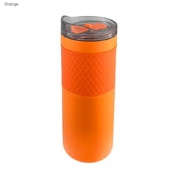 A drink bottle in vibrant orange features a textured grip and a clear lid with a sliding opening. It has a logo.