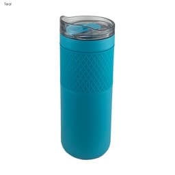 A drink bottle in teal with a textured grip and a clear, twist-on lid. It features a logo on the body.