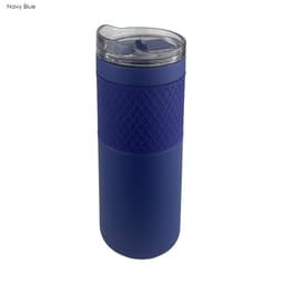 A drink bottle in navy blue with a textured grip and a clear lid. It has a logo on the side.