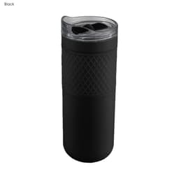 A drink bottle in matte black with a textured grip and a clear lid featuring dual openings. Includes a logo.