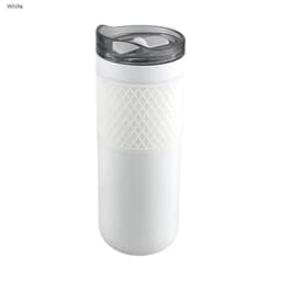 A drink bottle in white featuring a textured grip and a transparent lid. It includes a logo on the side.