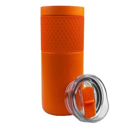 An orange vacuum tumbler with a textured grip and transparent lid featuring a slide opening.