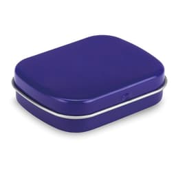 A rectangular mint tin in a vibrant purple colour with a silver rim, featuring a smooth, glossy finish.