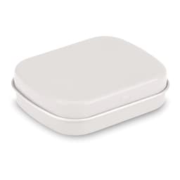 A rectangular mint tin in a sleek white finish with rounded edges. The tin has a lid and features branding.