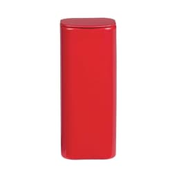 A red flip-top mint tin with a sleek, glossy finish, featuring a small logo on the front.