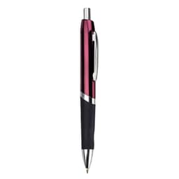 A metal pen in burgundy and silver, featuring a black grip and a logo on the body.