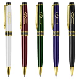 A collection of five metal pens in white, burgundy, green, purple, and black, featuring gold accents and a logo.