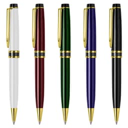 A set of metal pens in white, burgundy, green, navy, and black, featuring gold accents and clips.