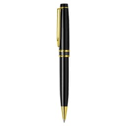 A metal pen in black with gold accents and a clip, features a sleek, polished design.