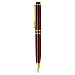 A metal pen in a deep red finish with gold accents and a clip, featuring a logo.