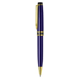 A metal pen in a rich purple colour with gold accents and a clip. It features a branding logo.