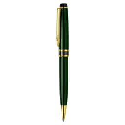 A green metal pen with gold accents and a sleek design, featuring a logo on the body.