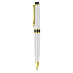 A metal pen in white with gold accents, featuring a clip and a black tip, displayed against a plain background.