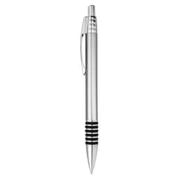 A silver metal pen with a black grip and clip, featuring a polished finish and a logo.