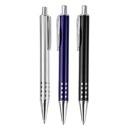 Three metal pens in silver, blue, and black, featuring chrome accents and a logo on each.