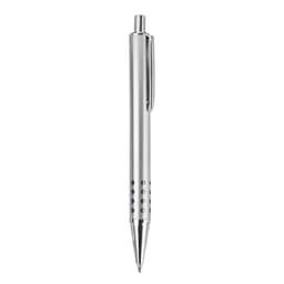 A metal pen in a sleek silver finish with a clip and dotted design on the barrel.