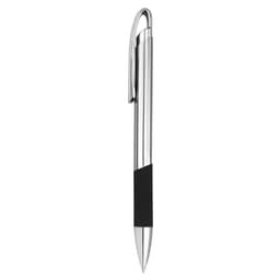 A metal pen in silver with a black grip, featuring a sleek design and a clip for attachment.