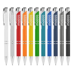 A collection of metal pens in various colours, including white, red, orange, green, blue, and grey, featuring branding.