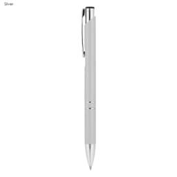 A silver metal pen with a sleek design and a clip, featuring a branding logo.