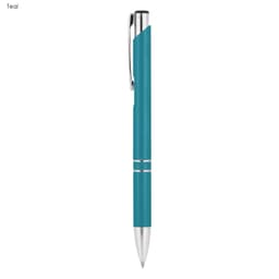 A metal pen in teal with silver accents and a clip, featuring a logo.