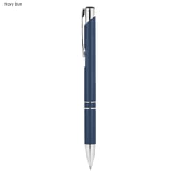 A metal pen in navy blue with a silver clip and accents, featuring a smooth design and branding.