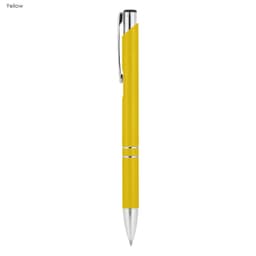 A yellow metal pen with a sleek design and chrome accents, featuring a branding logo.