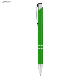 A light green metal pen with a shiny silver tip and clip, featuring a branding logo.