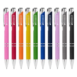 A collection of metal pens in pink, red, orange, green, blue, dark blue, black, and grey, featuring rubberised grips and branding.