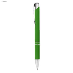 A green rubberised metal pen with a sleek design and a silver clip. It features branding on the barrel.
