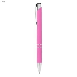 A pink rubberised metal pen with chrome accents and a branding logo.
